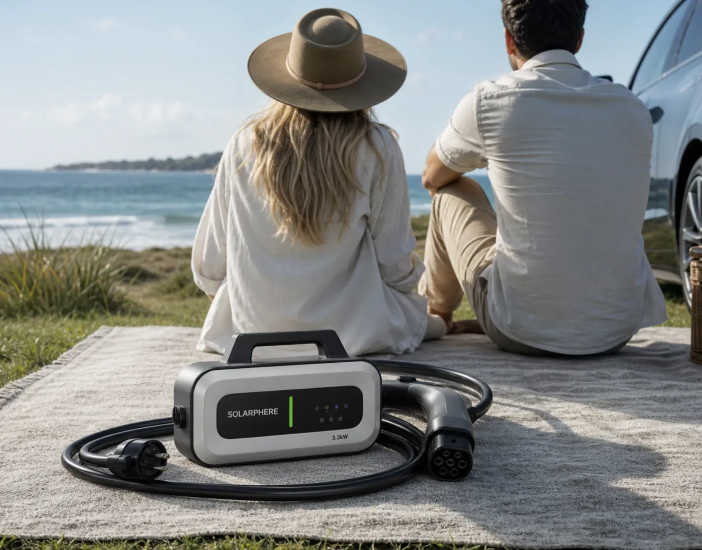 Solarphere 3.3kW portable EV charger on a picnic blanket by the beach